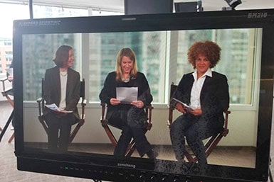 Video Production with three women on monitor